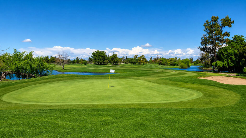 Putting green with a white flag bordered by water hazards, a sand bunker, and mature trees.